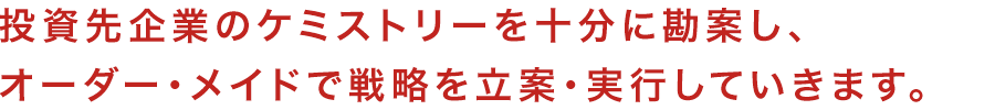 投資先企業のケミストリーを十分に勘案し、オーダー・メイドで戦略を立案・実行していきます。